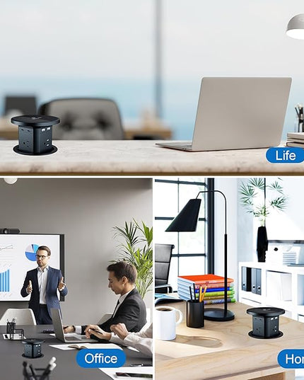 9-in-1 Pop-Up Outlet with Wireless Charging – 4 AC & 4 USB Ports, 2500W Overload Protection, 100-240V Global Voltage, 4-1/8" Cutout – Hidden Countertop Power Hub for Kitchen, Office, Conference Table