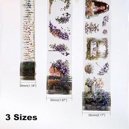 AuriicLeaf Wisteria Garden PET Tape Set, 3 Rolls of Pre-Cut Floral Vine Stickers for Scrapbooking, Journaling, DIY Crafts, and Collage Decoration (30mm/50mm/55mm)