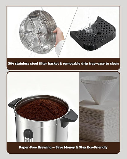 OSTBA 1500W Commercial Coffee Urn 100 Cup / 15L Large Percolator Coffee Pot, 304 Stainless Steel Double-Wall Hot Water Dispenser Electric Coffee Maker Fast Brewing for Catering, Parties & Events