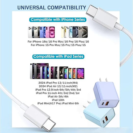 10 Foot Fast iPhone Charging Cable,2Pack 20W Dual Port USB C+A Wall Charger Block with 10FT Type C-C Charging Cable Apple Adapter for iPhone 17/17 Air/17 Pro/16/16e/16 Pro Max/15 Pro/iPad(Purple/Blue)