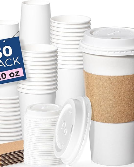 Fit Meal Prep 50 Pack 20 oz Disposable Coffee Cups with Lids, Sleeves, Leak-Proof To Go Coffee Cups with Lids, Durable Hot Paper Cups for Home, Office, Party, Business