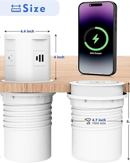 Pop Up Outlet for Countertop with 15w Wireless Charger, 4.7-Inch Pop Up Outlet with 4 Outlets and 2 USB-A, 1 USB-C, Pop Up Power Outlet for Kitchen Countertop, Conference Room, Study Room (White)