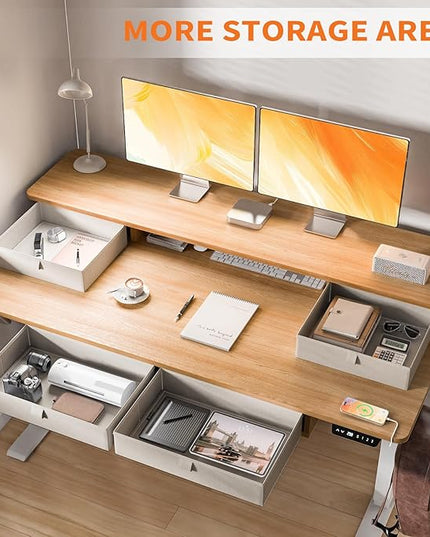 48 * 30 Inches Electric Standing Widened Desk Adjustable Height with 4 Drawers, Double Storage Shelves, Home Office Workstation Sit Stand up Desk (Nature)