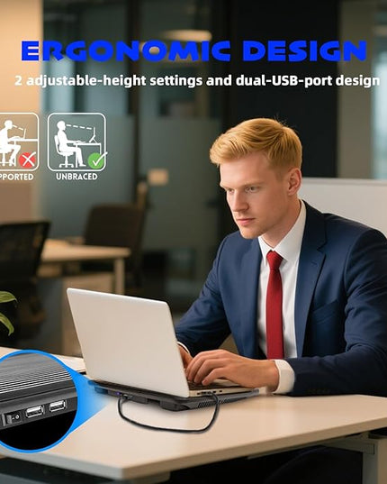 Laptop Cooling Pad, Coolertek USB Powered Laptop Cooler, 2 Blue Silent Big Fans, Height Adjustable Non-Slip Laptop Stand with Dual USB 2.0 Ports, Fits 11-17 Inch Notebook - Black (N2)