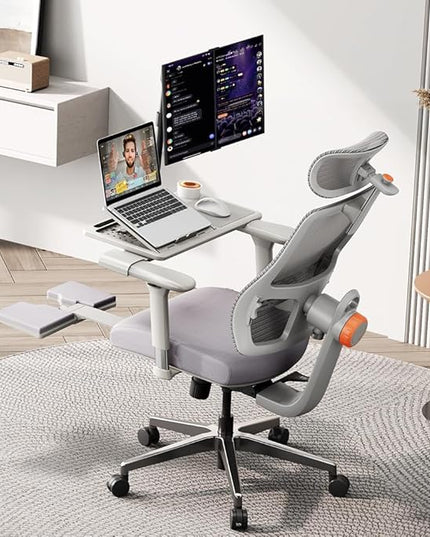 Newtral Ergonomic Office Chair-Home Office Desk Chair with Footrest, Auto-Following Backrest & Headrest, 4D Armrests, 96°-136° Recline (Gray, with Laptop Table)