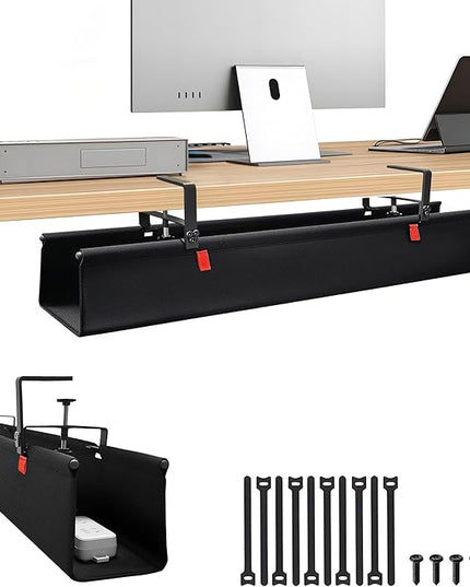 No Drill Cable Management Under Desk, 36" Cord Organizer for Table, Clamp/Screw Mount Cable Tray, Premium Black Fabric Desk Cord Management Tray for Office, Home (Large (36 Inch))