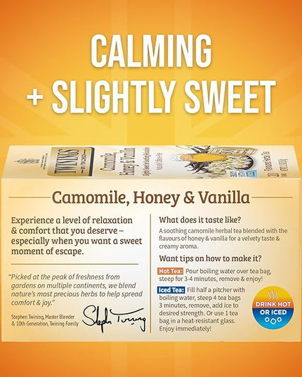 Twinings Camomile, Honey & Vanilla Herbal Tea Individually Wrapped Bags, 20 Count (Pack of 6), Naturally Caffeine-Free, Enjoy Hot or Iced, 120 Teabags