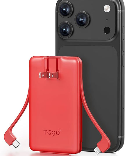 TG90° 5000mAh Mini Power Bank Built-in AC Wall Plug and Cables, Pocket Size USB C Portable Charger, External Battery Pack Compatible with iPhone 17 16 15 14 13 12 11 Samsung S22 S21 Google iPad