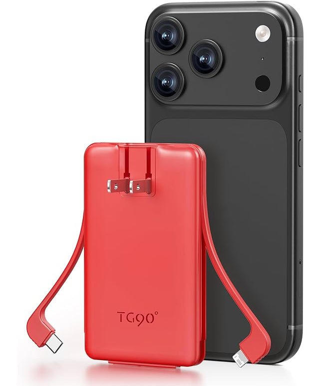 TG90° 5000mAh Mini Power Bank Built-in AC Wall Plug and Cables, Pocket Size USB C Portable Charger, External Battery Pack Compatible with iPhone 17 16 15 14 13 12 11 Samsung S22 S21 Google iPad