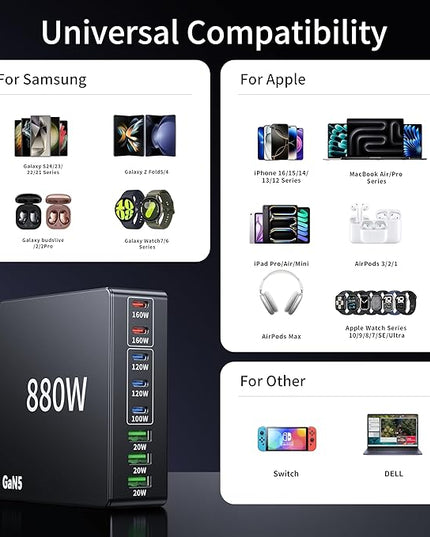 880W USB C Charger Block Charging Station 8 Port Fast Chager 140W PD PPS AVS HUB Laptop MacBook Charger Compatible with All iPhone 17 Pro Max/17 Air/16 SE/Samsung Galaxy 25/ MacBook Pro/Air/iPad Pro
