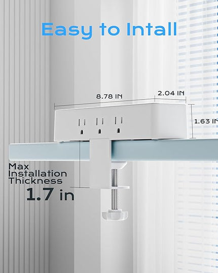Flat Plug Desk Clamp Power Strip 10FT, 40W Total Fast Charging Station, 2 PD20W USB C Ports, Desk Edge Mount Power Strip 9 AC Outlets 8 USB Ports Surge Protector, Fit 1.7" Tabletop Edge, White