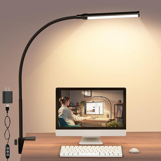 ShineTech LED Desk lamp with Clamp, 3000K Warm White 11 Brightness Level Eye-Caring Clip Lights for Home Office, USB Adapter, Black