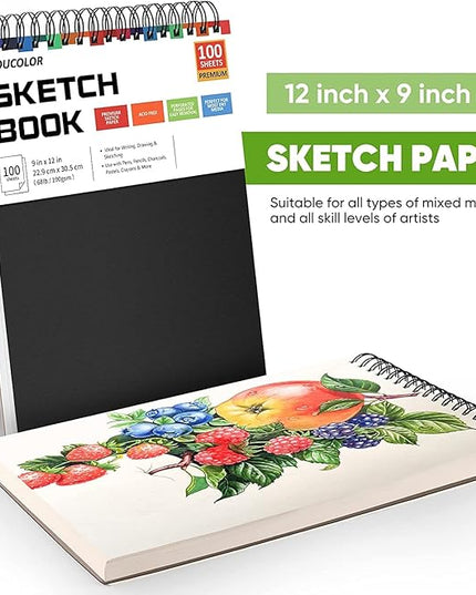 Professional Drawing Supplies for Sketch, Charcoal, Colored, Graphite, Pastel Pencils & Sticks. Soucolor 2-Pack 9" x 12" Sketch Book, 200 Sheets Spiral Bound 68lb/100gsm Paper for Kids Adults Artists