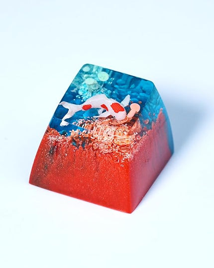 Kohaku Koi Artisan Keycap Teal and Red Ocean R1 SA Profile Custom Keycaps 1U ESC Handmade Gaming Resin Key Cap Cherry MX Switch Compatible Mechanical Keyboard Koi Lover Gift