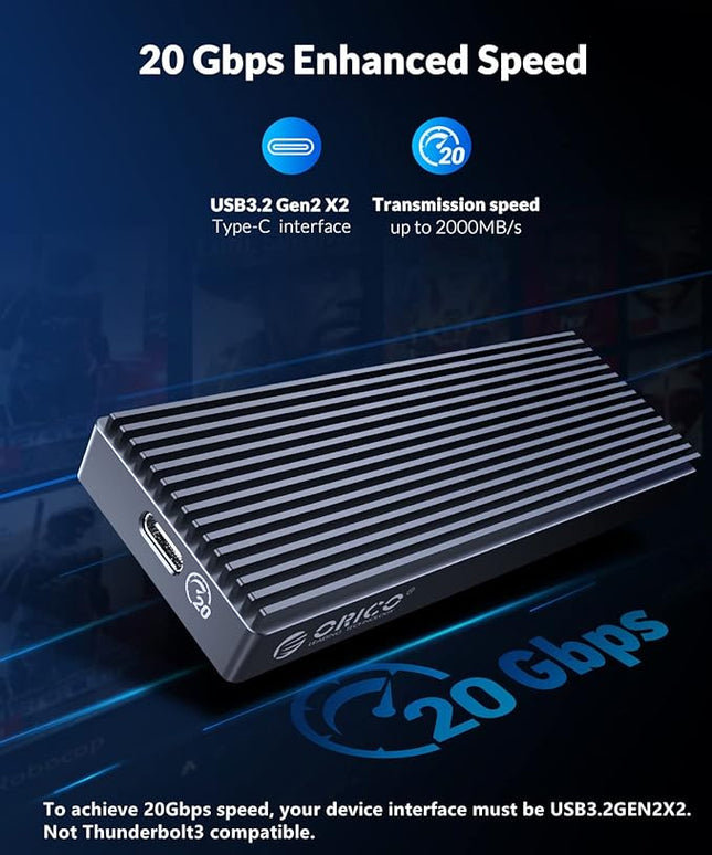 ORICO 20Gbps M.2 NVMe SSD Enclosure Adapter,USB3.2 Gen2 Type-C to NVMe PCI-E M-Key Solid State Drive Aluminum External Case for SSD Size 2230/2242/2260/2280, up to 4TB（M2PAC3-G20, Grey）