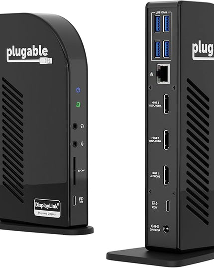 Plugable USB-C Triple Monitor Docking Station: 13-in-1 Laptop Dock with 100W Charging for Mac (DisplayLink Driver Required), Windows, Chrome, 3 HDMI, Gigabit Ethernet, SD, USB-C 20W, 4 USB - UD-ULTCDL