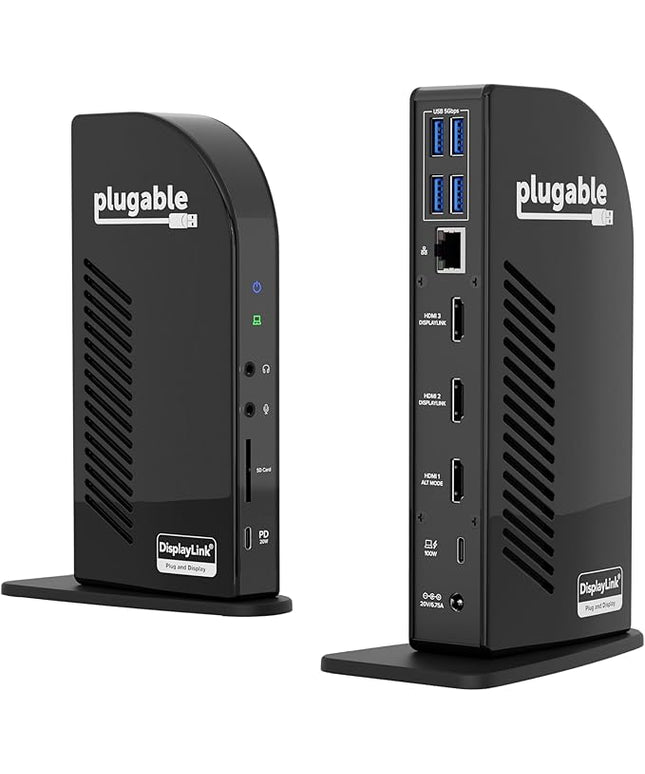 Plugable USB-C Triple Monitor Docking Station: 13-in-1 Laptop Dock with 100W Charging for Mac (DisplayLink Driver Required), Windows, Chrome, 3 HDMI, Gigabit Ethernet, SD, USB-C 20W, 4 USB - UD-ULTCDL