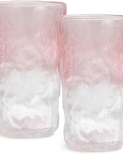 TOSSOW Drinking Glasses, Glassware Sets of 2, Mixed Drinking Glacier Pattern 12 oz Glass Cups Decoration for Wine, Beer, Juice,milk, coffee, Mojito and Cocktail(Pink)