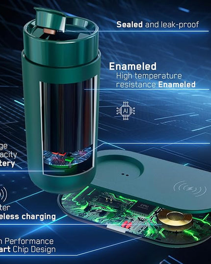 LEGARDLILIU Temperature Control Heated Coffee Mug Smart Self Heating Travel Mug 12 Oz App Controlled Warmer Mug 4-10 Hour LED Display Keep Coffee Hot Fast Wireless Charger Base Jade Green