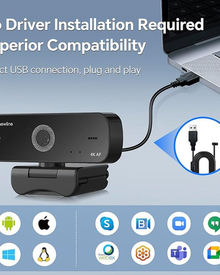 N newline 4K Webcam for PC, 4K UHD USB Webcam with Microphone, New Upgraded Auto Focus, Low Distortion, Privacy Cover, PC Camera for Zoom, Skype, Teams, Laptop, Conferencing, Calling, NewEye 60s