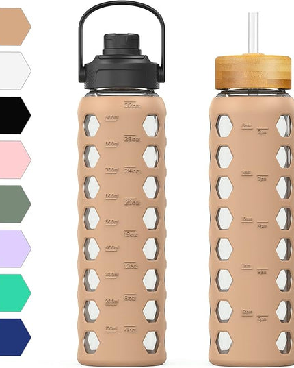 MUKOKO 32oz Glass Water Bottles with 2 Lids-Handle Spout Lid&Bamboo Straw Lid, Motivational Water Tumbler with Time Marker Reminder and Silicone Sleeve, Leakproof-Amber-1 Pack