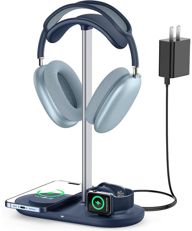 HiWe 3-in-1 Headphone Stand - Universal Desktop Gaming Headset Holder with Wireless Charger for Phones/AirPods/iWatch, Aluminum Alloy Rod, Leather Pad, ABS Solid Base, Blue