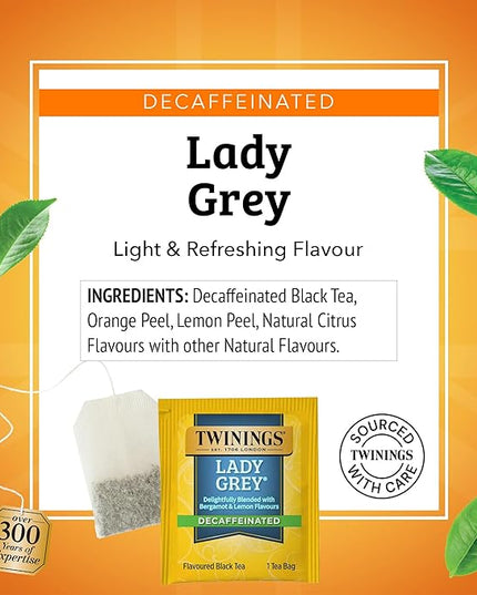 Twinings Decaffeinated Lady Grey Black Tea Individually Wrapped Bags, 20 Count (Pack of 6), Orange Peel & Lemon Peel, Enjoy Hot or Iced, 120 Teabags