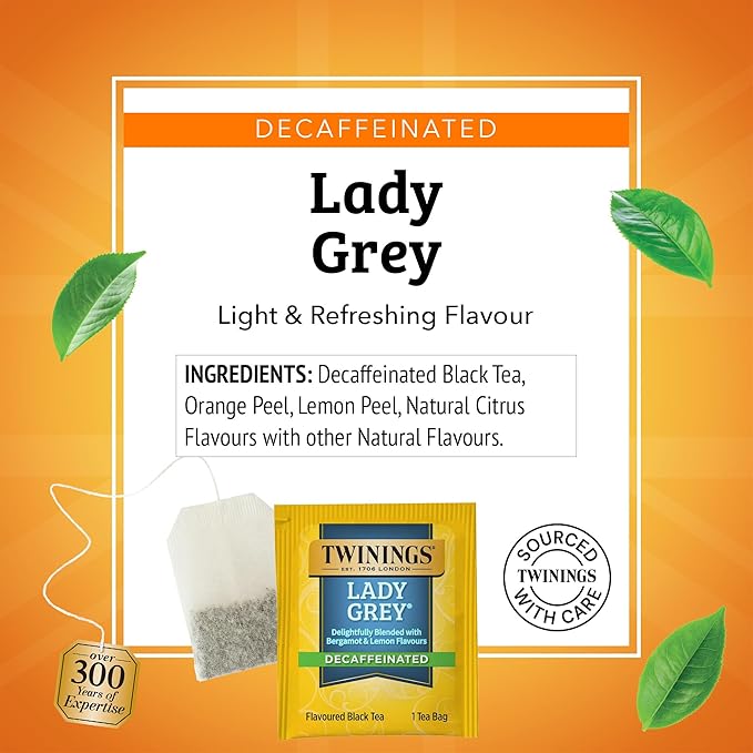 Twinings Decaffeinated Lady Grey Black Tea Individually Wrapped Bags, 20 Count (Pack of 6), Orange Peel & Lemon Peel, Enjoy Hot or Iced, 120 Teabags
