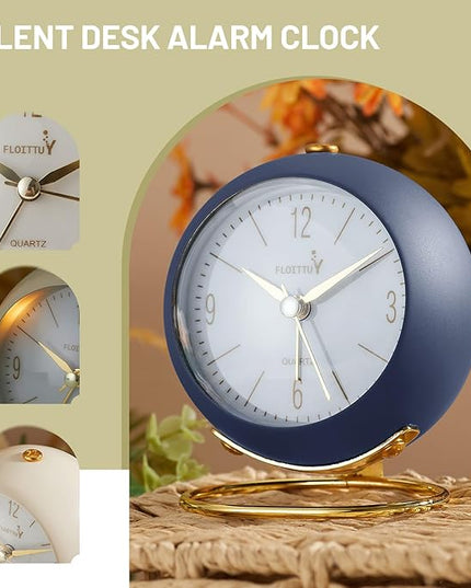 FLOITTUY Silent Table Analog Alarm Clock No Ticking, Lighted on Demand and Battery Operated, Beep Sounds, Small Desk Clock(Navy Blue)