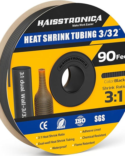 haisstronica 3:1 Heat Shrink Tubing, Shrink Ratio Adhesive Lined Marine Grade Heat Shrink Tube for Home, Automotive and Industrial (Black) 90FT 3/32inch