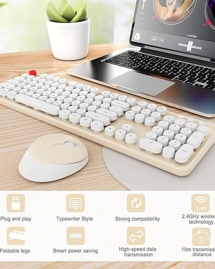 Wireless Keyboard and Mouse Combo, Ergonomic Full Size Typewriter Retro Round Keycaps Keyboard, Compatible with Windows, PC, Perfer for Home and Office Keyboards (Beige