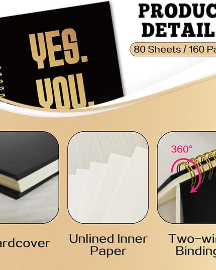 YAZMEEN Inspirational Quote Black Gold Spiral Notebook（160 Pages） Yes You Can Blank Hardcover Notebook Employee Appreciation Gift Office Notebook Gift Funny Encouragement Gift for Colleague Friend