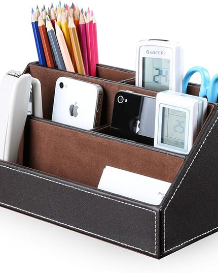 KINGFOM Pu Leather Desk Organizer with 5 Compartments Holder, Multi-Functional Office Supplies Storage Caddy for Pen/Pencil, Phones, Remote Controller and Desktop Accessorie Brown