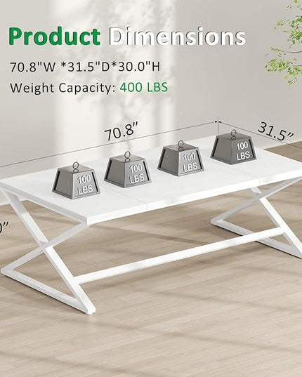 IBF Long White Computer Desk, Modern Simple Large Home Office Desk, Wood Metal Work Study Writing Table for 2 Monitors, Double Pc Gaming Executive Workstation in Bedroom Living Room, White Oak,70 in