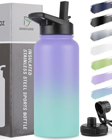 DOMICARE 32 oz Insulated Water Bottle, Vacuum Insulated Stainless Steel Sports Water Bottle with Straw Lid & Spout Lid, Leakproof, Reusable - Travel, Camping, Bike, Purple Green Gradient