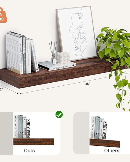 Heimlove 12" Deep Floating Shelves, 36 x 12 Inch Wall Mounted Long Floating Shelf with Invisible Brackets, for Home Decor, Bedroom, Kitchen, Living Room, Bathroom - 1 Pack, Rustic Brown
