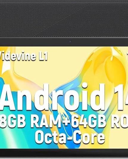 MUISOO Tablet 10 Inch, Android 14 Tablet PC, 8GB RAM+64GB ROM (1TB TF), Octa-Core 2.0 GHz, Bluetooth 5.0, WiFi 6, Widevine L1, 5MP+8MP, 5000mAh,Type-C (Black, 10)