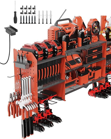 45" Large Power Tool Organizer Wall Mount with Charging Station - 3 Layer Storage Racks with 8 Cordless Drill Holder, 4 Hooks, Heavy Duty Garage Tool Organizer Storage for Workshop Pegboard Basement