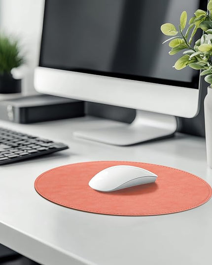 Mouse Pad，Round Mouse Pad，PU Mouse Pad，Leather Mouse Pad with Stitched Edge Micro-Fiber Base with Non-Slip Waterproof，Mouse Pad for Computers，Laptop，9 x 9 Inch (Pink)