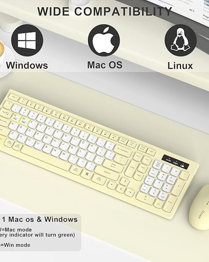 Wireless Keyboard and Mouse Combo, Full-Sized Wireless Keyboard and Adjustable DPI Mouse, 2.4GHz USB Receiver, Silent Keyboard and Mouse for PC, Windows, MAC, Desktop, Laptop (Canary Yellow-B)