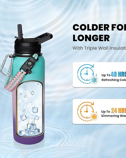 Insulated Water Bottle 40 oz, Triple Wall Vacuum Stainless Steel (Cold for 48 Hrs), Leak Proof & BPA-Free, Modern Water Flask Jug with Paracord Handle & Straw Spout Lids, Hydrangea
