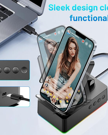 Wireless Induction Bluetooth Speaker, 5-in-1 Foldable Phone Holder, 1500mAh Emergency Charging, Colorful LED Ambient Light, Tech Gadgets Gifts for Men Women, for iPhone Android Tablet, Black