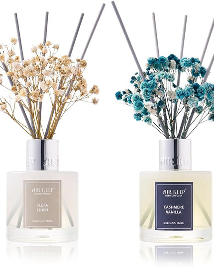 Airkeep Reed Diffuser 3.38 oz (100ml) 2pk,Clean Linen/Cashmere Vanilla Scented Reed Diffuser Set,Reed Diffuser & Oil Diffuser Sticks, Aromatherapy, Home & Kitchen Décor,Fragrance and Gifts