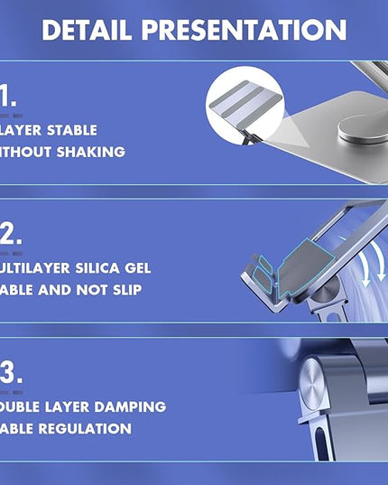 GuaziV 360° Rotating Tablet Stand - Adjustable iPad Tablet Holder for Desk, Foldable iPad Swivel Stand for Home & Office (Sleek Silver)