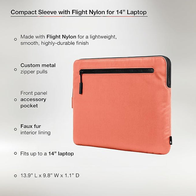 Incase Compact Laptop Sleeve with Flight Nylon MacBook/Laptop/iPad/Tablet Sleeve, and Cover, Lightweight, Weather Resistant, with Slip Pocket for Accessories (Misty Orange, 14-Inch)