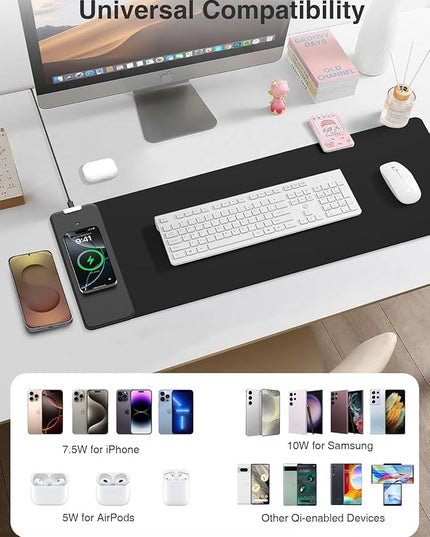 2-in-1 Mouse Pad with Wireless Charging, Gaming Mouse Pad, 31.5"x11.8" Large Desk Mat for Laptop/Keyboard, Waterproof Smooth Surface, Non-Slip Base, No Adapter