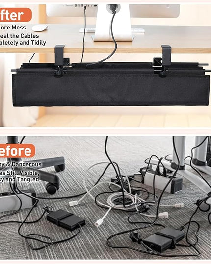 MAXECHO Under Desk Cable Management Tray 28" - Clamp on Wire and Cable Organizer for Storage and to Hide Cords - Ideal for Home Office - Premium Black Fabric Design