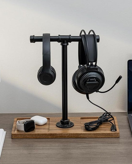 FARM IN Solid Acacia Wood Headphone Stand for Desk Industrial Headset Holder with Storage Base for Gaming and Office Accessories