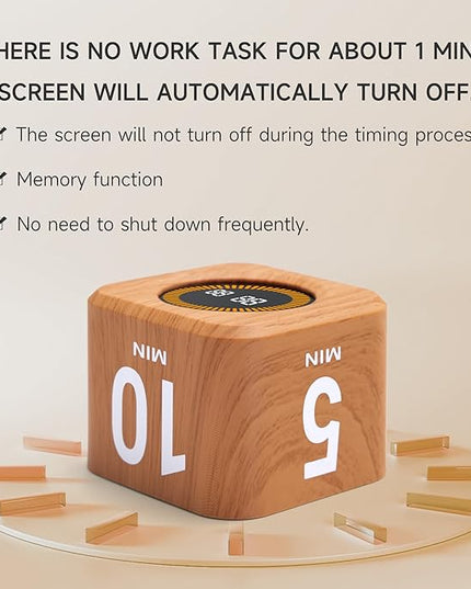 Exlliy Rotating Productivity Timer 5, 25, 10, 50 Minutes Preset, Desk Cube w/Gravity Sensor for ADHD, Mute Functions, Ideal for Work, Study, Kitchen, Back to School (1, Wood Grain Finish)