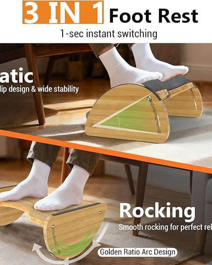 Bamboo Foot Rest for Under Desk at Work - 3-in-1 Reversible Rocking Under Desk Footrest with Foam Cushion and 6 Adjustable Heights, Ergonomic Foot Rest with Washable Cover for Home, Office and Gaming